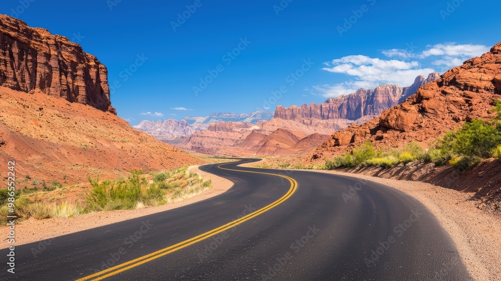 Winding road through stunning red rock formations under a clear blue sky. Winding road through stunning red rock formations under a clear blue sky.