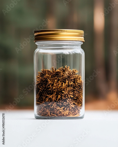 A clear glass jar filled with aromatic spices, perfect for culinary use and kitchen decor.