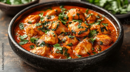 A delicious bowl of chicken curry garnished with fresh cilantro.