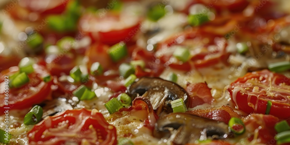 Close-up of a delicious pizza adorned with mozzarella cheese, tomatoes, bacon, mushrooms, and green onions. Close-up of a delicious pizza adorned with mozzarella cheese, tomatoes, bacon, mushrooms, and green onions.