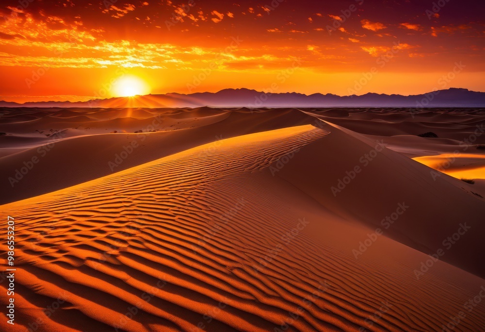 Naklejka premium vibrant sunset casting shadows over expansive sandy landscapes rich colors textures, sky, cloud, orange, yellow, red, pink, blue, light, evening, scenery