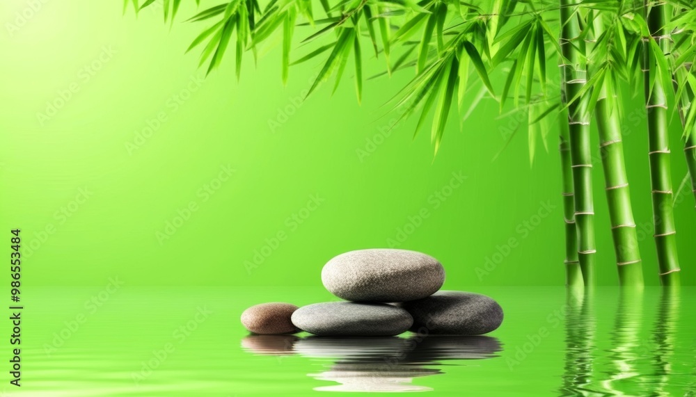 a green background for relaxation, bamboo stalks in the reflection of water and smooth dark oval-shaped stones. a background for relaxation and relaxation, for the presentation of goods a green background for relaxation, bamboo stalks in the reflection of water and smooth dark oval-shaped stones. a background for relaxation and relaxation, for the presentation of goods