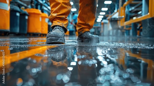 Artisan polishing a stunning marble floor in a historic building during a bright afternoon. Generative AI