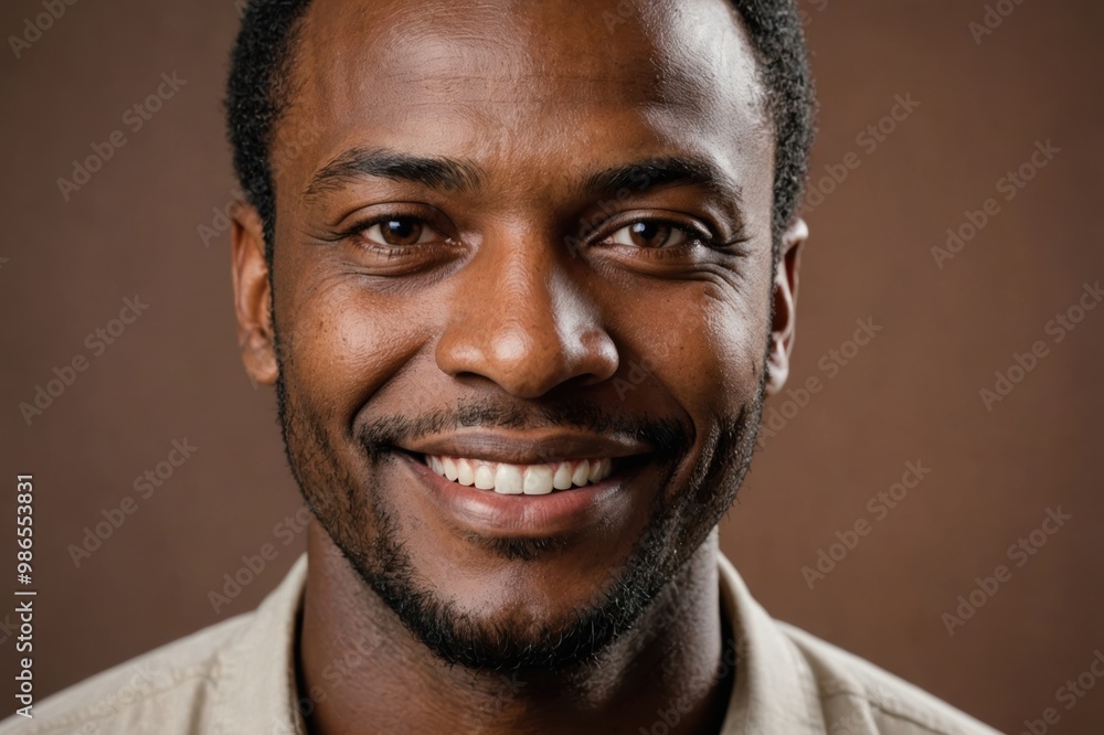 Full framed very close face portrait of a smiling 40s african man with brown eyes looking at the camera, studio shot,brown background. Full framed very close face portrait of a smiling 40s african man with brown eyes looking at the camera, studio shot,brown background.