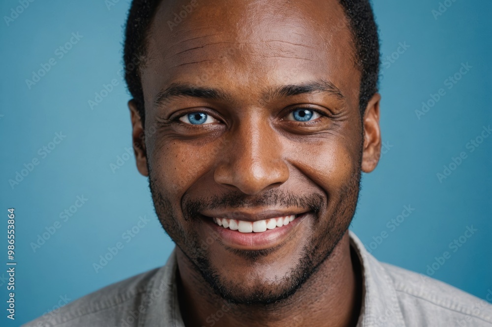 Full framed very close face portrait of a smiling 40s african man with blue eyes looking at the camera, studio shot,blue background. Full framed very close face portrait of a smiling 40s african man with blue eyes looking at the camera, studio shot,blue background.