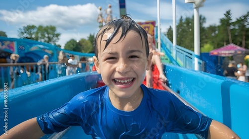 A happy smiling kid boy on a water ride on a hot summer day in an amusement park. He is wearing a blue shirt and has wet hair due to the water ride.