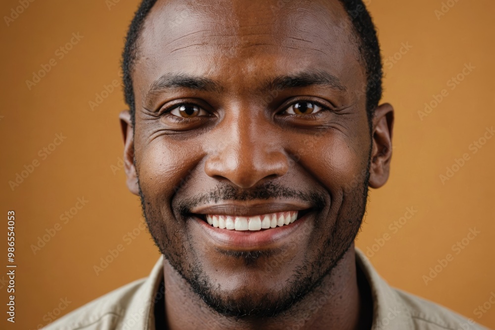 Full framed very close face portrait of a smiling 40s african man with amber eyes looking at the camera, studio shot,amber background. Full framed very close face portrait of a smiling 40s african man with amber eyes looking at the camera, studio shot,amber background.