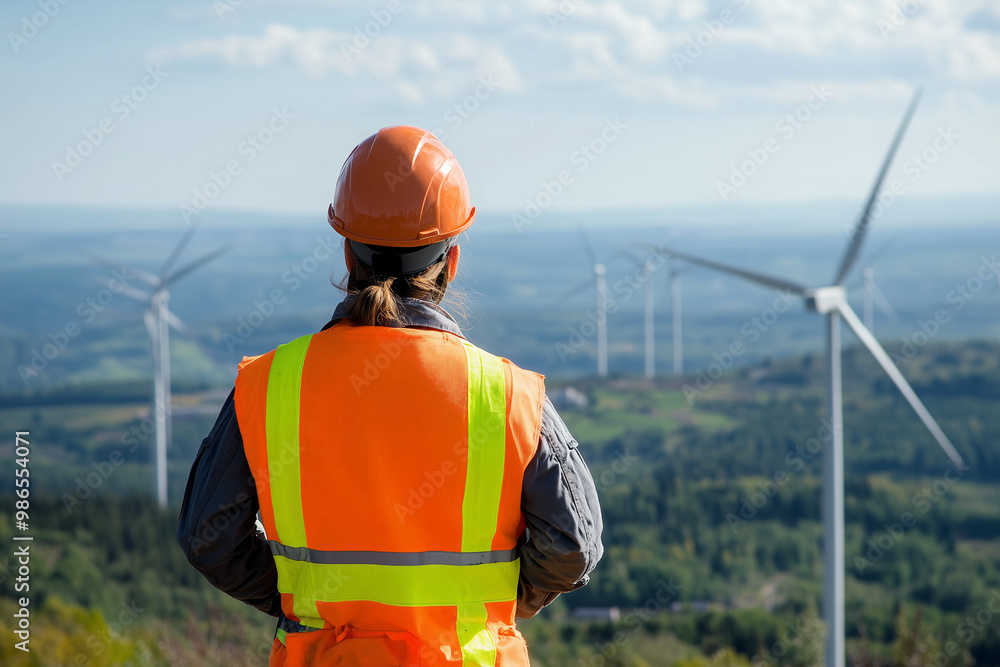 An engineer checking the wind turbines energy system in the field under a morning sunlight. Generative AI.	