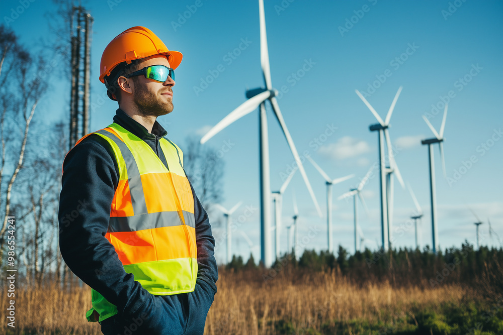 An engineer checking the wind turbines energy system in the field under a morning sunlight. Generative AI. An engineer checking the wind turbines energy system in the field under a morning sunlight. Generative AI.