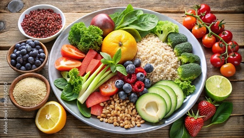 A balanced plate with healthy food, including fruits, vegetables, and whole grains