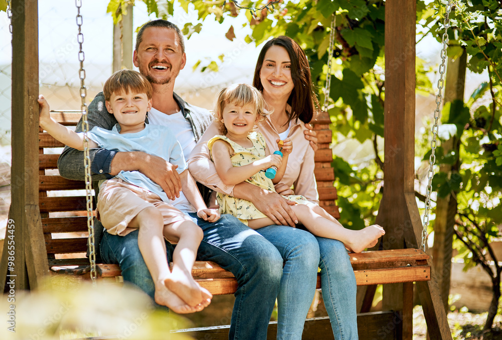 Portrait, swing and parents with kids in garden for bonding, fun relationship and relax together. Backyard, happy family and mom, dad and children on bench with smile for playing outdoors on weekend Portrait, swing and parents with kids in garden for bonding, fun relationship and relax together. Backyard, happy family and mom, dad and children on bench with smile for playing outdoors on weekend