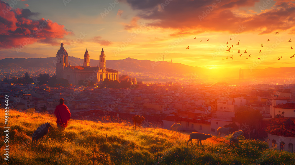 Naklejka premium una persona admirando un hermoso paisaje de un pueblo rodeado de naturaleza con un cielo majestuoso al atardecer