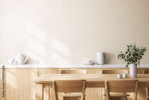 Wallpaper Mural Minimal style modern contemporary dining room interior with empty area for copy space 3d render there are wooden table, and wooden chair decorated with green leaves in vase Torontodigital.ca