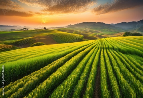 vibrant agricultural fields flourishing sunrise lush green golden expansive horizon, agriculture, crops, greenery, landscape, farming, light, morning