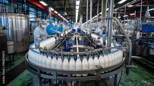 A milk bottle filling line in a dairy product factory plant. The line is filled with clear milk bottles. There is a conveyor belt that transports the filled bottles to the next stage of the production photo