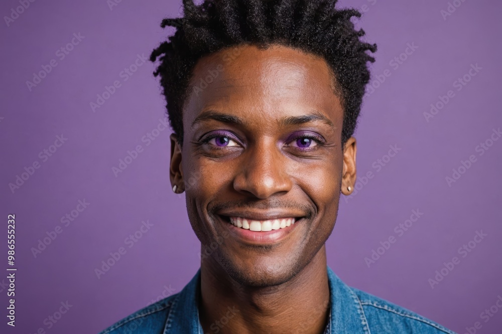 Fototapeta premium Full framed very close face portrait of a smiling 40s african non binary with violet eyes looking at the camera, studio shot,violet background.
