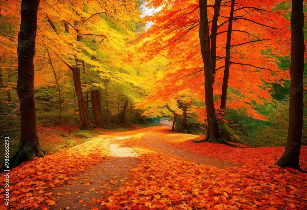 Fototapeta premium vibrant autumn leaves carpet serene forest path surrounded majestic trees soft natural light, nature, scenery, colors, landscape, foliage, woods, sunlight
