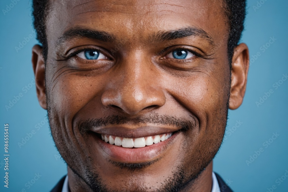Full framed very close face portrait of a smiling 40s african american man with blue eyes looking at the camera, studio shot,blue background. Full framed very close face portrait of a smiling 40s african american man with blue eyes looking at the camera, studio shot,blue background.
