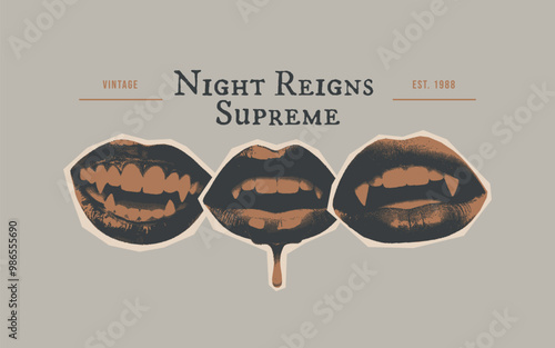 Halloween t-shirt print with vampire theme. Vampire mouth with fangs and blood. Monochrome elements for collage cutout scrapbook design. Vintage illustration with dotted photocopy texture.
