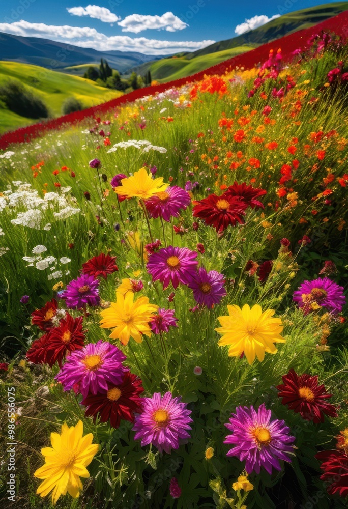 Obraz premium vibrant seasonal flowers blanketing serene valley surrounded lush greenery clear blue skies, abundance, blooms, botanical, bright, cheerful, colors