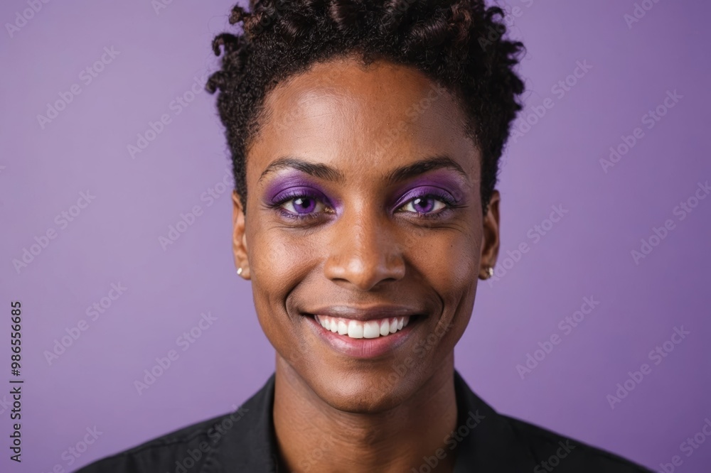 Obraz premium Full framed very close face portrait of a smiling 40s african american non binary with violet eyes looking at the camera, studio shot,violet background.