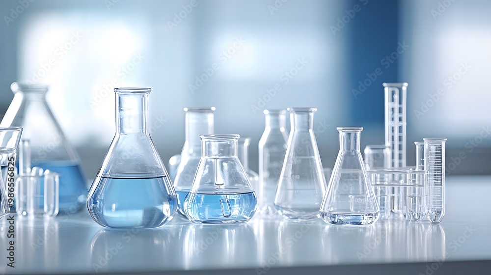 Glass beakers and graduated cylinders filled with liquid in a laboratory setting Glass beakers and graduated cylinders filled with liquid in a laboratory setting