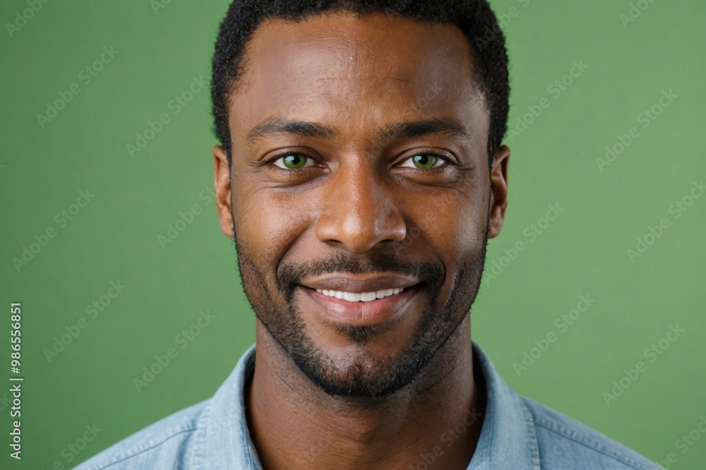 Obraz premium Full framed very close face portrait of a smiling 40s black man with green eyes looking at the camera, studio shot,green background.