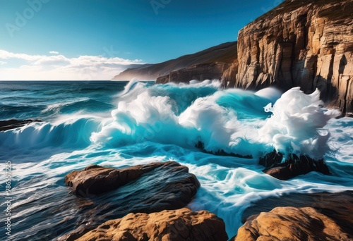 dynamic ocean waves crashing rugged coastline creating spectacular natural display power movement, water, sea, shoreline, rocky, foam, beach, marine