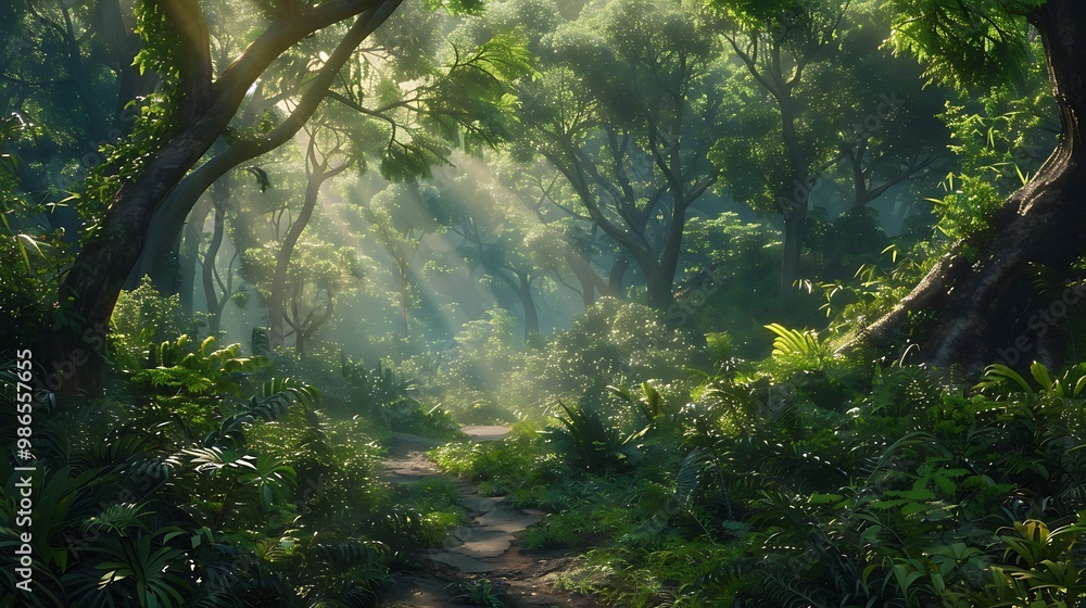 Sun Rays Through Lush Green Jungle Sun Rays Through Lush Green Jungle