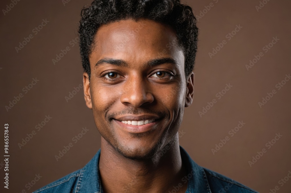 Full framed very close face portrait of a smiling 40s black non binary with brown eyes looking at the camera, studio shot,brown background. Full framed very close face portrait of a smiling 40s black non binary with brown eyes looking at the camera, studio shot,brown background.