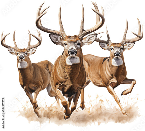 three White-tailed Deer - Odocoileus virginianus  in motion, full body, front view in a PNG,  nature-themed, isolated, and transparent photorealistic illustration. Generative ai photo