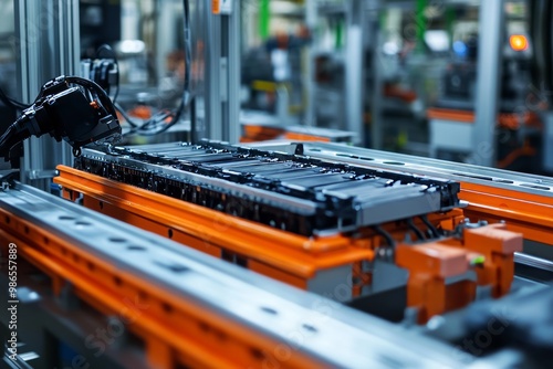 Close up view of the assembly line for mass production of electric vehicle battery cells