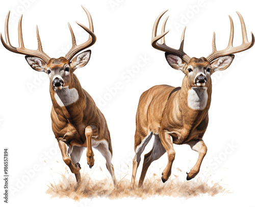 two White-tailed Deer - Odocoileus virginianus  in motion, full body, front view in a PNG,  nature-themed, isolated, and transparent photorealistic illustration. Generative ai photo