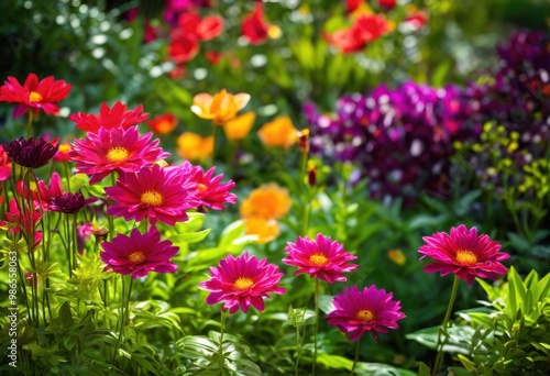 vibrant garden beds featuring diverse flora lush colors vivid hues flourishing landscape, plants, flowers, greenery, blossoms, shrubs, petals, leaves