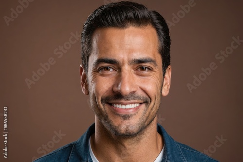 Full framed very close face portrait of a smiling 40s latin man with brown eyes looking at the camera, studio shot,brown background. photo