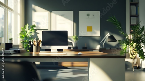 Modern office workspace with a computer, plants, and natural light