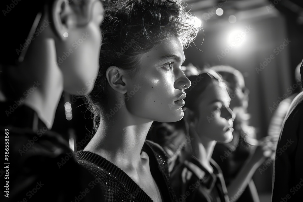 Models standing closely together in a dramatic black and white setting during a fashion event, highlighting their elegant silhouettes and intricate hairstyles in soft lighting Models standing closely together in a dramatic black and white setting during a fashion event, highlighting their elegant silhouettes and intricate hairstyles in soft lighting