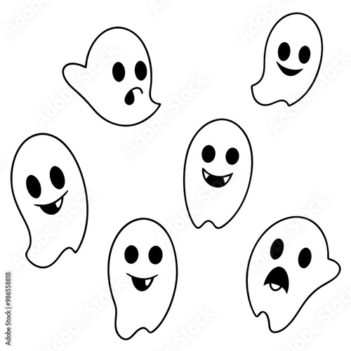 Floating Ghost Faces Cluster with Varied Expressions Line Art Vector Design