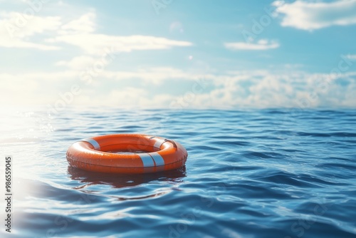 Hopeful lifebuoy floating on sea with sun rays and ample copy space for your message