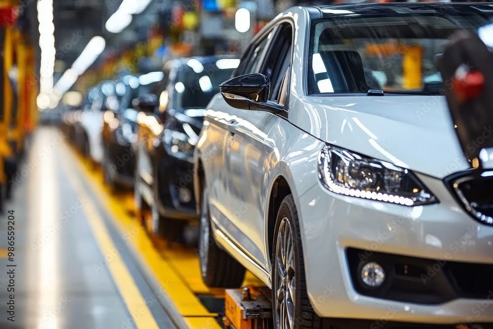 Obraz premium Efficient mass production assembly line for contemporary automobile manufacturing processes