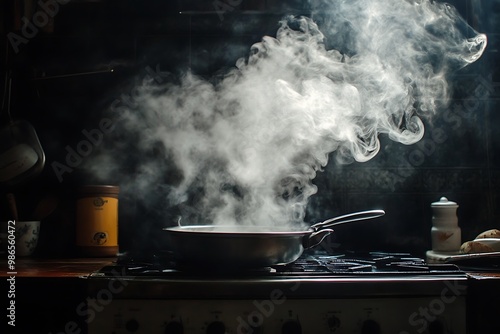 Steam Rising from Pot on Stove in Dark Kitchen