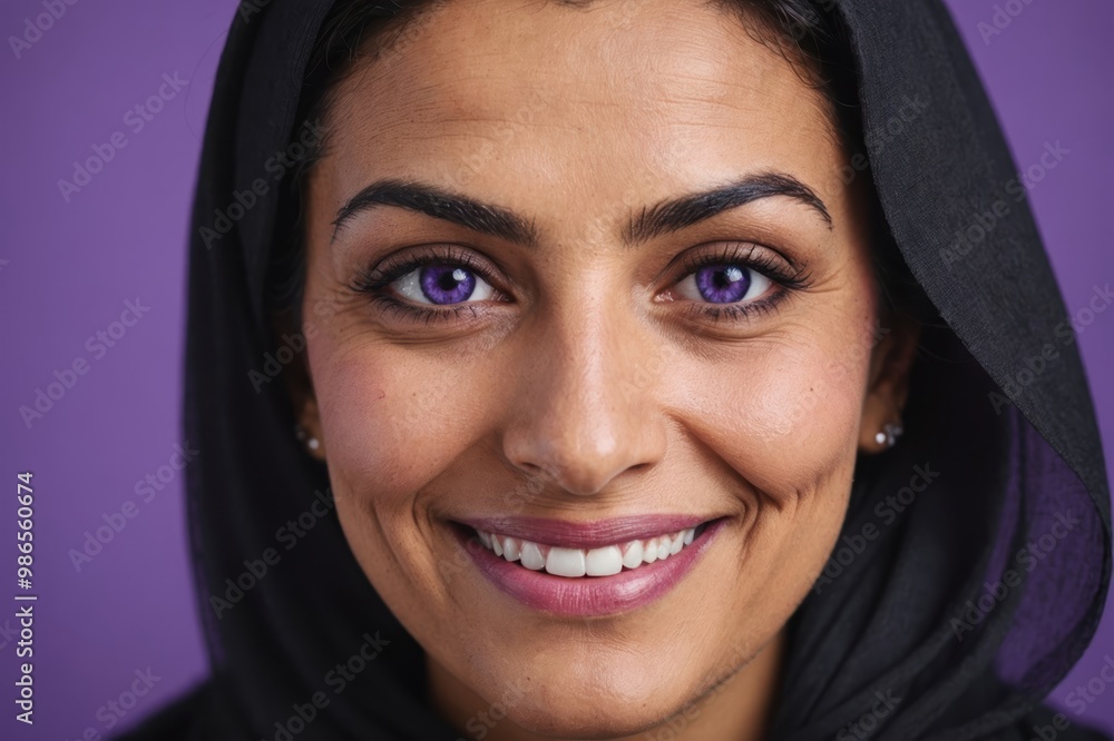 Full framed very close face portrait of a smiling 40s arabic woman with violet eyes looking at the camera, studio shot,violet background. Full framed very close face portrait of a smiling 40s arabic woman with violet eyes looking at the camera, studio shot,violet background.