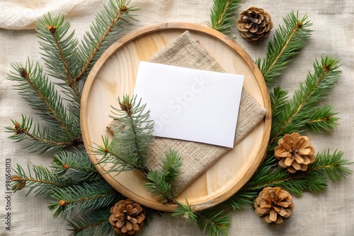 A blank business card mockup placed on a wooden tray surrounded by pine branches and pinecones. Ideal for holiday branding, festive greeting cards, and product presentations.