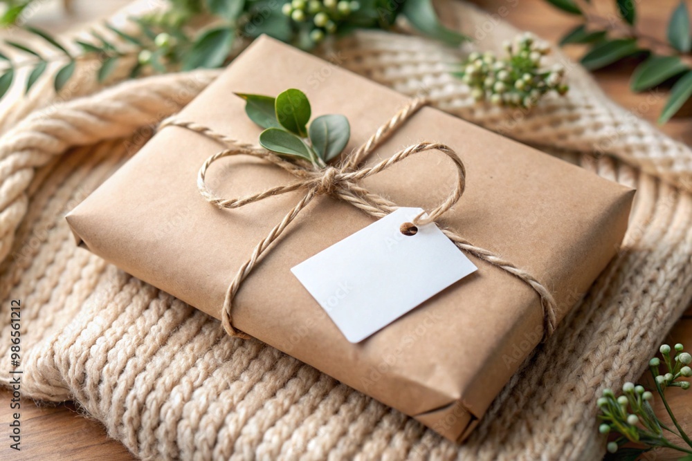 Craft paper gift wrapped with a string and a blank tag mockup. Surrounded by natural decorations, this mockup is perfect for showcasing gift tags or eco-friendly packaging ideas. Craft paper gift wrapped with a string and a blank tag mockup. Surrounded by natural decorations, this mockup is perfect for showcasing gift tags or eco-friendly packaging ideas.