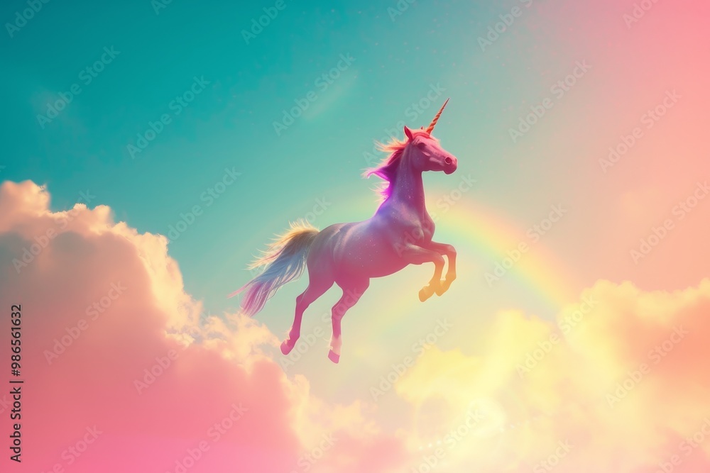 A majestic unicorn leaps gracefully through a vivid sky filled with soft clouds under a radiant sunbeam in a whimsical fantasy landscape A majestic unicorn leaps gracefully through a vivid sky filled with soft clouds under a radiant sunbeam in a whimsical fantasy landscape