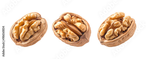 Three walnuts in shells one halved revealing the nut inside on a transparent background