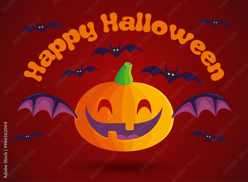 Vector Halloween card of pumpkin with bat wings in kawaii style for Halloween. Cute pumkin and bats in manga style. Vector Halloween card of pumpkin with bat wings in kawaii style for Halloween. Cute pumkin and bats in manga style.