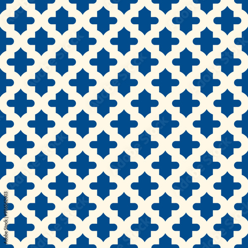 Seamless surface design with ogee ornament. Oriental traditional pattern with repeated mosaic tile. Tracery window wallpaper. Moroccan lantern motif. Arabesque digital paper, textile print. Vector art