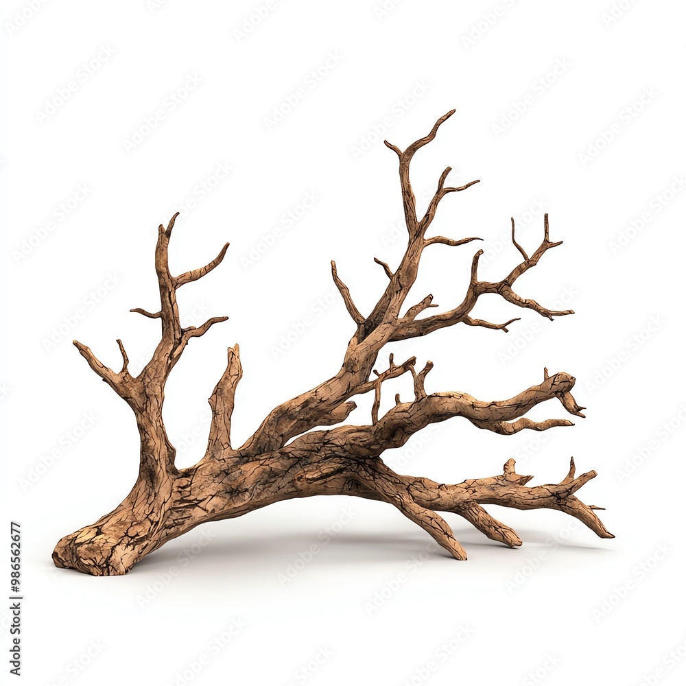 Close-up of a weathered, dry tree branch with gnarled branches, set on clear background. Close-up of a weathered, dry tree branch with gnarled branches, set on clear background.