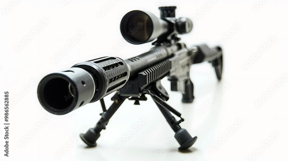 An Army rifle with a bipod and scope, captured in high definition, isolated on white. An Army rifle with a bipod and scope, captured in high definition, isolated on white.